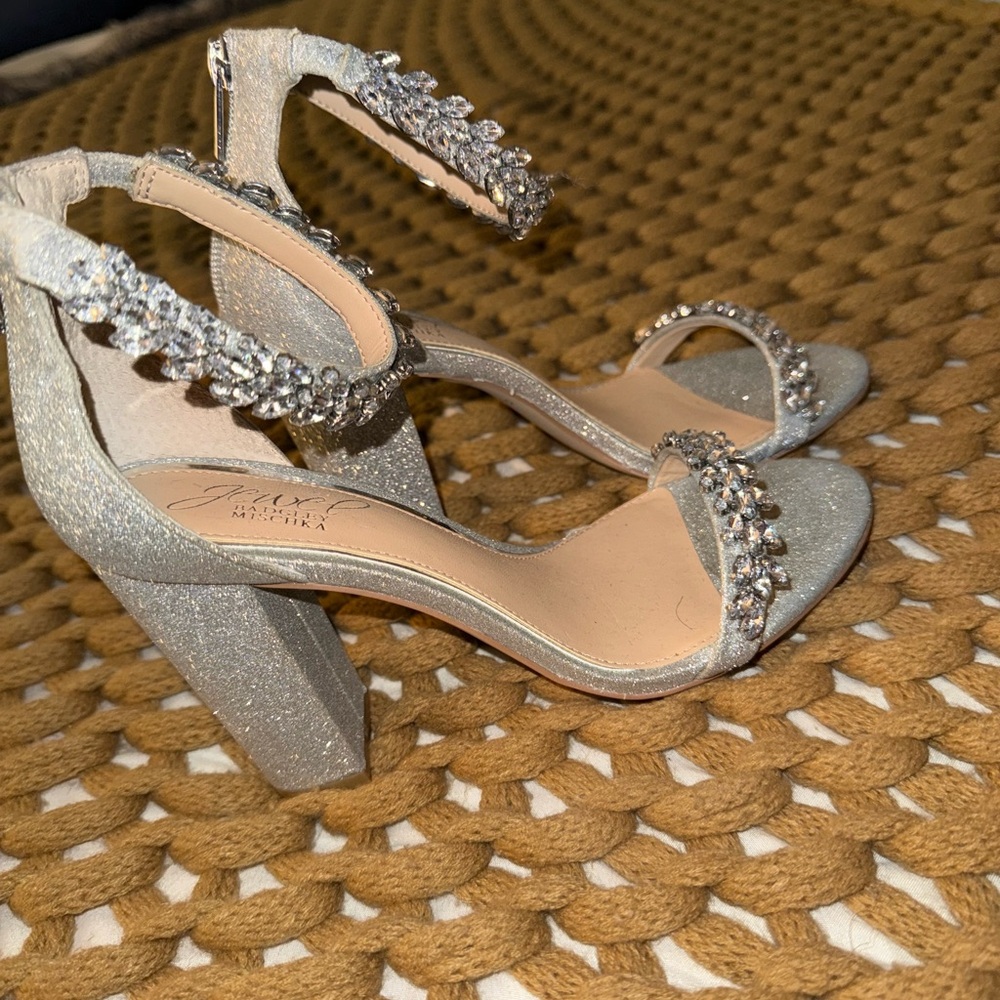 Badgley Mischka Silver Heels with Crystal Embellishments